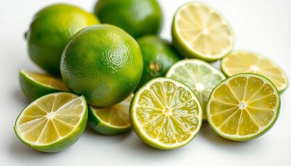 Whole and sliced limes, vibrant green, juicy, isolated on white,  sour,  segments