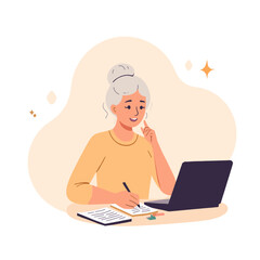 Elderly writer at desk. Senior author creating manuscript. Mature man writing with focus. Old writer working at home office. Elderly set
