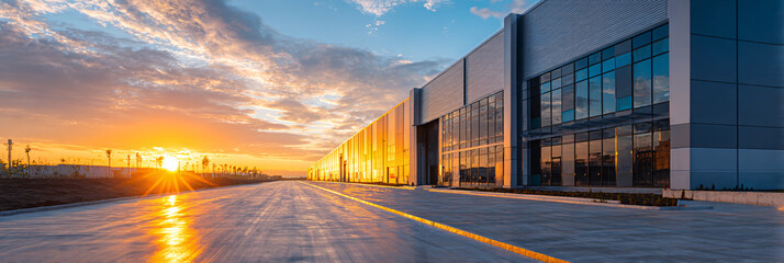 The sun sets dramatically behind a large modern distribution warehouse with loading docks and glass facade.