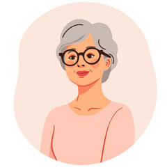 Senior woman in glasses. Elderly lady with confident look. Mature woman wearing stylish eyewear. Focused senior portrait indoors. Elderly set