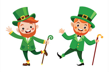 Cheerful leprechauns dressed in green suits and hats, holding staffs and dancing joyfully, embodying the spirit of st patricks day