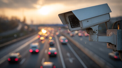A surveillance camera oversees a busy highway with blurred traffic at dusk to ensure public safety now.
