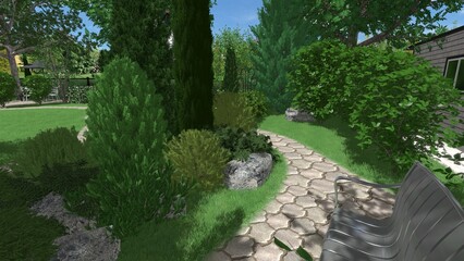 3d image of the landscape design of the home territory. Landscaping of the territory. Computer visualization of composite landscaping and landscaping solutions.