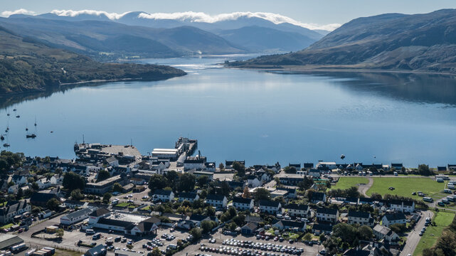 Aerial drone view of town of Ullapool on west coast of Scotland