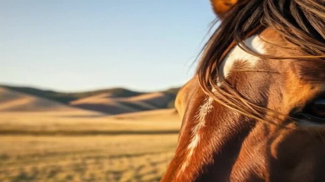Close-Up Of Horse Eye With Flowing Mane.
Extreme close-up of horse eye and mane blowing in wind, capturing emotion, strength, and freedom.
