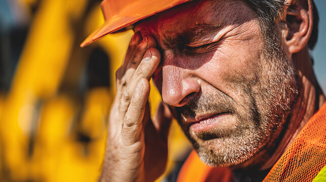 Tired construction worker with a headache, rubbing his eyes from exhaustion on the job site