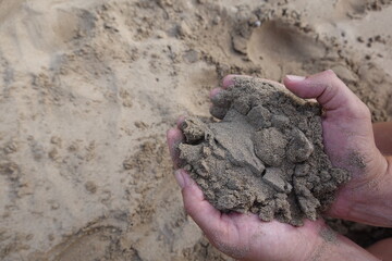 Hands holding sand on beach, embracing nature's texture