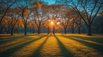 Fototapeta premium Golden hour sunlight through trees in park
