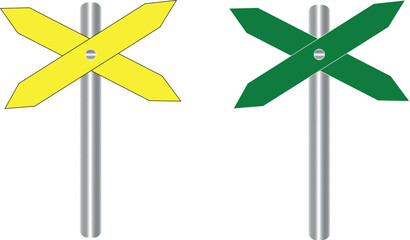 Crossroads choices ahead with yellow and green directional signs pointing the way forward to decisions
