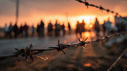 Silhouettes of migrants behind a barbed wire border fence during a dramatic and emotional sunset
