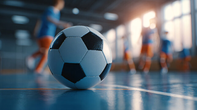 Close-up of a soccer ball on a blue indoor futsal court with a team practicing in the background