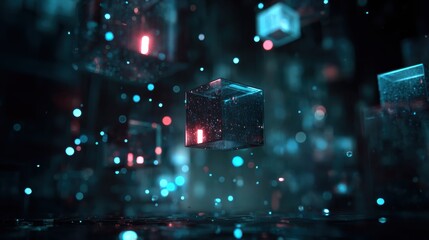 Futuristic digital cubes floating in a vibrant and abstract space, illustrating advanced technology and innovation.