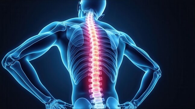 Detailed Anatomy Illustration of Human Spine with Rays and Overlays