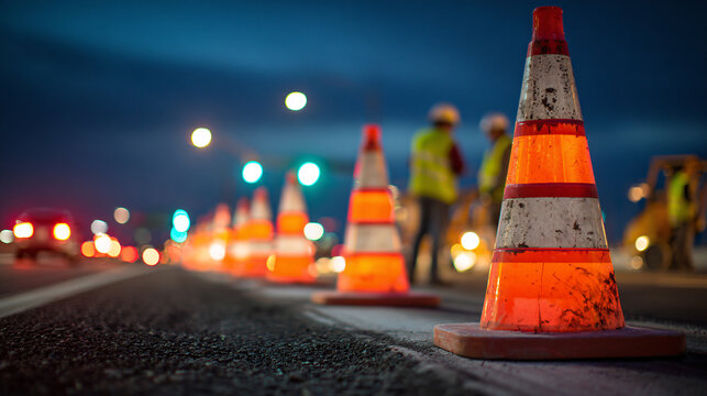 A row of bright orange traffic cones on a road at night for construction safety and direction.
