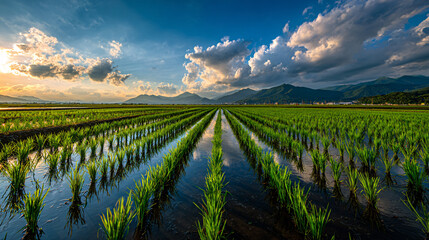 Fototapeta premium Scenic Rice Paddy Field at Sunset A Serene Landscape with Reflections and Mountains
