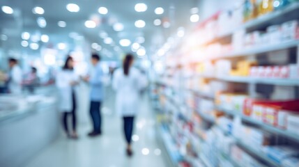 Obraz premium Pharmacy interior with blurred background and healthcare professionals discussing medication options.