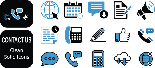 Contact us and communication solid icons in blue and black colors
