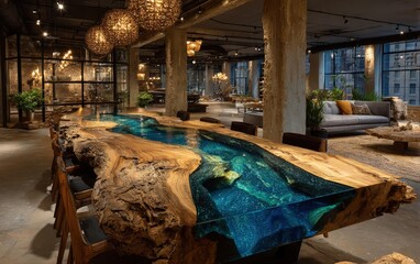 Naklejka premium Heroic shot of a stunning live edge river table with resin, luxurious design in a sophisticated showroom and inviting atmosphere