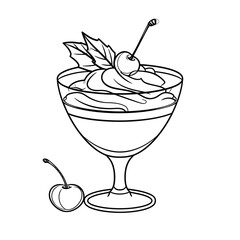 Elegant line art of a layered jelly dessert in a glass, topped with whipped cream, a cherry, and mint leaves.