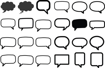 Fototapeta premium Collection of hand-drawn speech bubbles in various shapes and styles including square, round, and cloud, perfect for comics, chat UI, doodles, and dialogue overlays.