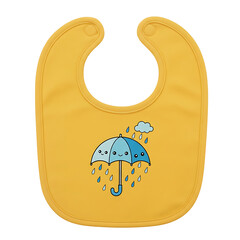 Cute yellow baby bib with smiling umbrella and raindrops