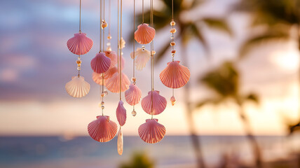 Coastal Charm: Seashell wind chime in soft light, beachy vibes and natural beauty for a serene, tropical escape.