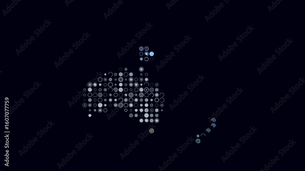 Poster oceania dotted animation. shape of the continent build of pulsating colored dots. large size circle 