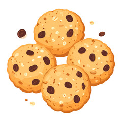 A delicious pile of four golden oatmeal cookies with chocolate chips and oats, illustrated in a clean cartoon style.
