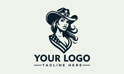 Stylish logo featuring a woman in a cowboy hat, American flag, and flowing hair.