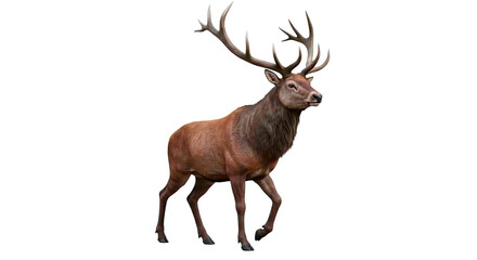 A majestic red deer stag with large antlers walking against a black background in full body view