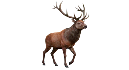 A majestic red deer stag with large antlers walking against a black background in full body view