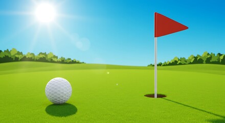 Obraz premium Golf Ball on Vibrant Green Course with Red Flag and Bright Blue Sky