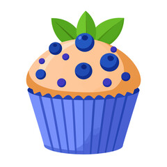 Stylized blueberry muffin illustration with a blue paper liner, topped with fresh berries and green leaves.