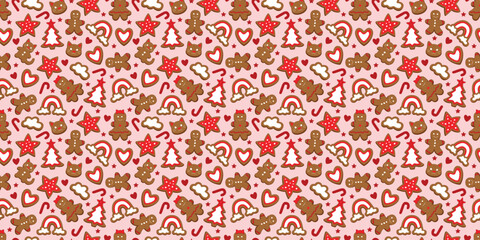 Seamless Christmas cookie pattern with cats and rainbows. Cute festive pattern with gingerbread stars and hearts. 