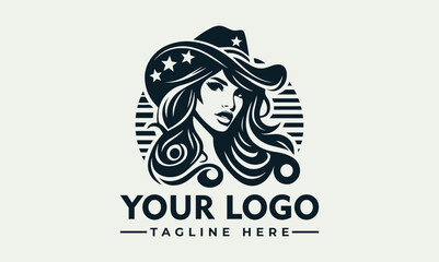 Stylish logo featuring a woman with flowing hair, wearing a star-studded cowboy hat, encircled by a sunburst design.