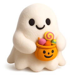 Cute Ghost Character Holding Pumpkin Basket Filled with Candy on Transparent Background