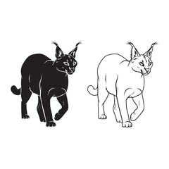 African Wildcat Essence - Caracal Side View Art - Matching Silhouette and Clean Lineart Presentation - Caracal silhouette - Caracal lineart - Caracal vector - silhouette & lineart of Caracal

