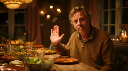 Senior man waving at dinner table with healthy food in cozy home interior