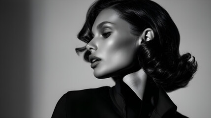 Fashion model posing with elegant hairstyle and makeup in black and white
