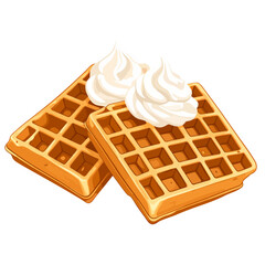 Two golden-brown Belgian waffles topped with fluffy white whipped cream dollops.