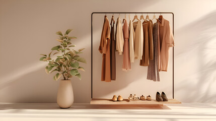 Clothes rack displaying fashionable women's outfits in minimalist setting