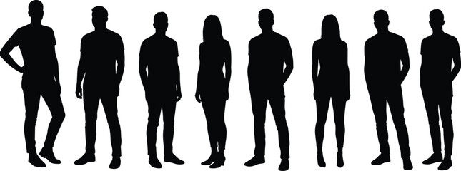 Silhouette of men and women standing in row, full body vector illustration, black human shapes, isolated on white background, design art