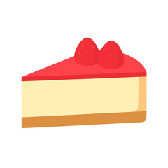 A delicious slice of strawberry cheesecake with a glossy red topping and two berry halves on a biscuit crust.