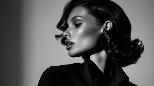 Fashion model posing with elegant hairstyle and makeup in black and white