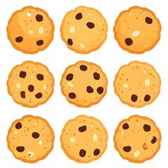 Set of nine cartoon oatmeal chocolate chip cookies with a simple, flat design.