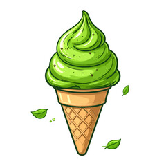 Vibrant green matcha soft-serve ice cream in a crispy waffle cone, cartoon vector style.