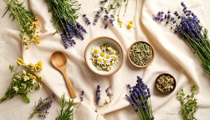 Top-down photo of dried herbs and fresh plants like chamomile, lavender, and rosemary arranged aesthetically on natural beige linen cloth, with small ceramic bowl and wooden spoon, soft daylight, no h