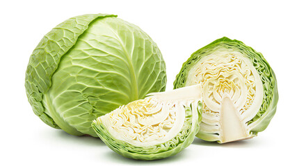 Whole and Sliced Green Cabbage on White Background, Generative AI