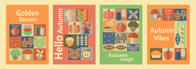 Autumn simple poster set. Autumn flyer set of designs Scandinavian mosaic. Banner autumn elements. Autumn design poster. Vector illustration.