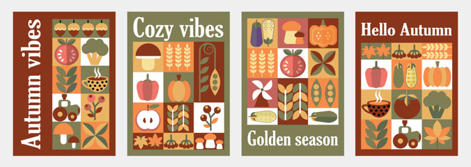 Autumn simple poster set. Autumn flyer set of designs Scandinavian mosaic. Banner autumn elements. Autumn design poster. Vector illustration.